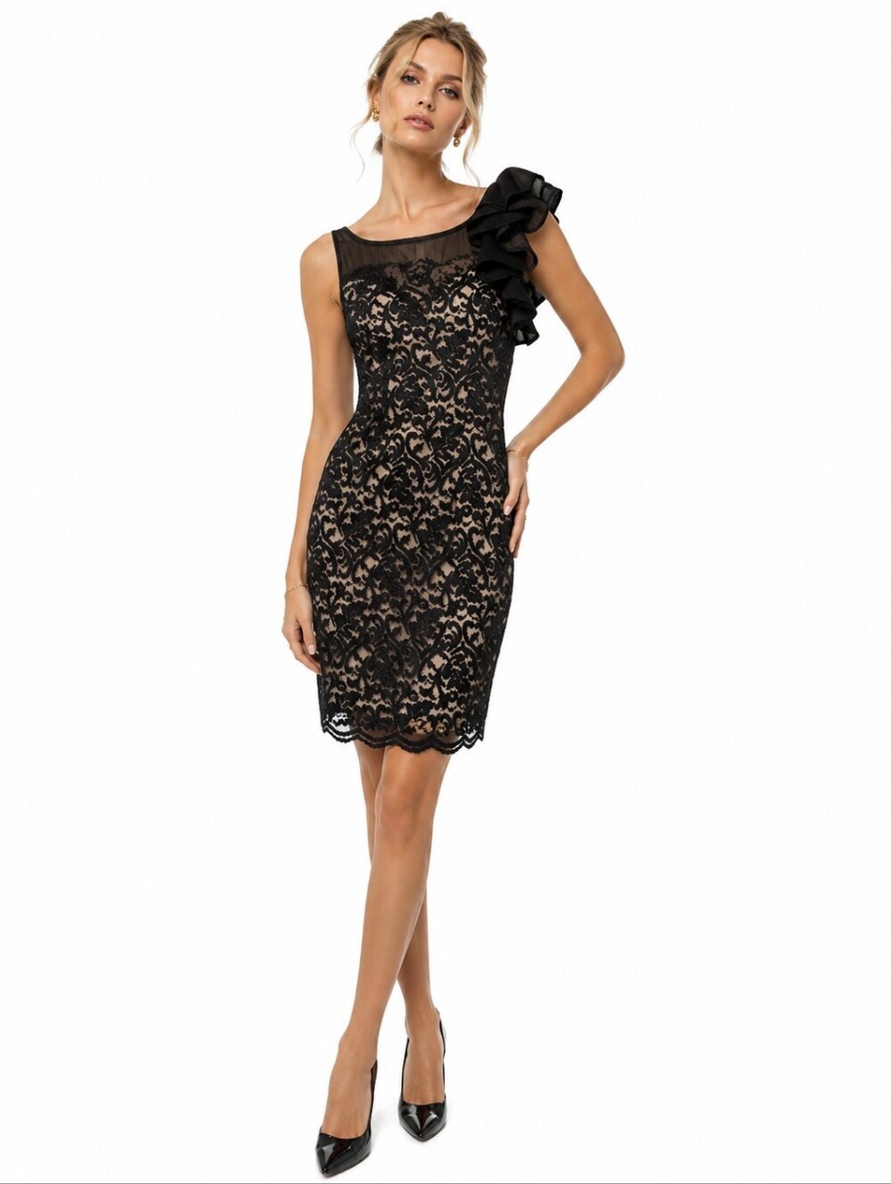The Limited Black Lace One-Shoulder Ruffle Dress